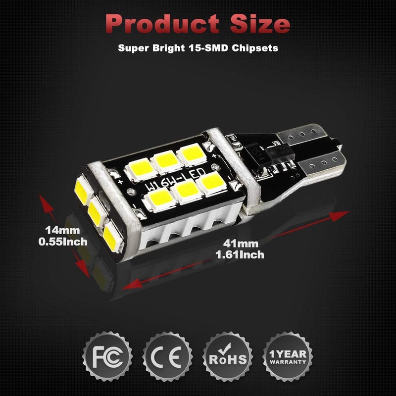 Yorkim 912 921 LED Bulb, Backup Light Bulbs High Power 2835 15-SMD Chipsets Extremely Bright Error Free T15 906 W16W for Back Up, Reverse, Tail, Brake Lights, 6000K White, Pack of 4 - Image 2